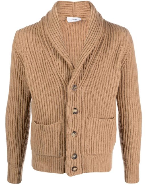 Lardini Brown Shawl-lapel Ribbed-knit Cardigan for men