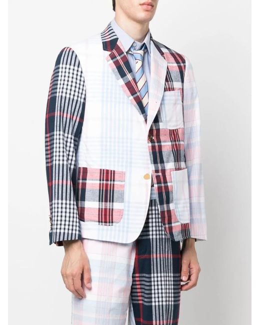 Thom Browne Red Patchwork Plaid-Print Blazer for men