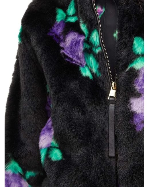 Silvian Heach Black Floral-Print Bomber Faux-Fur Jacket