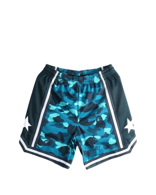A Bathing Ape Blue Camouflage-Print Mesh Shorts for men