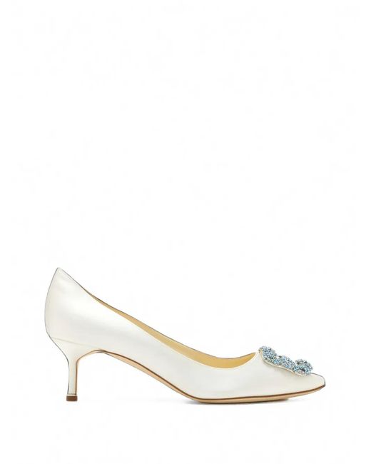 Manolo Blahnik White Hangisi Crystal-Buckle Pumps
