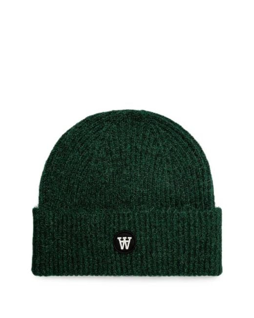 WOOD WOOD Green Logo-Patch Ribbed Beanie Hat
