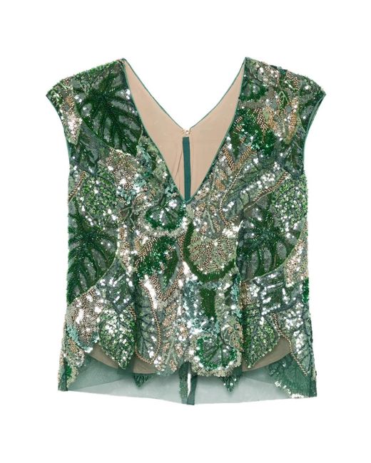 DE SANTIS Green Sequin Embellished V-Neck Top