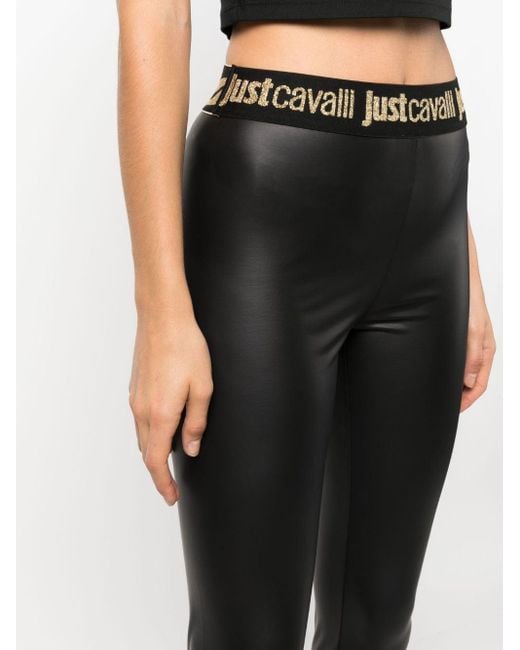 Just Cavalli Logo-waistband Faux-leather leggings in Black