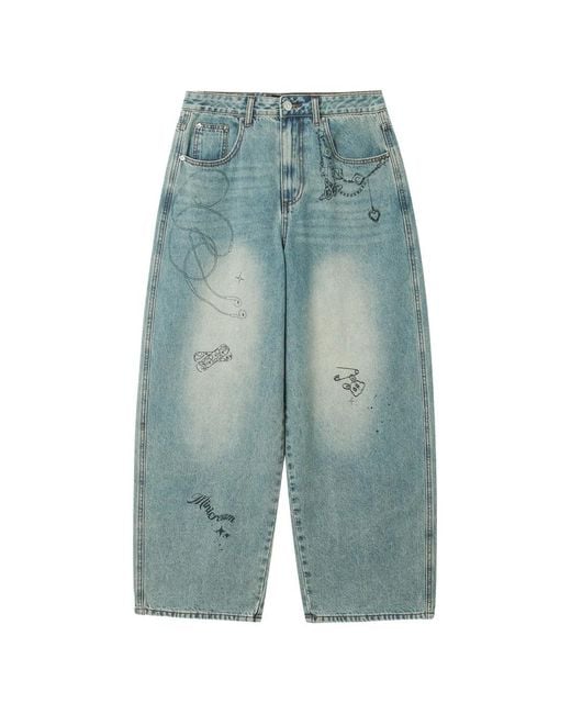 Mini Cream Blue Graphic-Print Wide-Leg Jeans