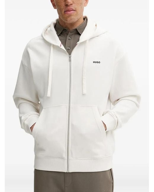 HUGO White Zip Hooded Logo Printed Hoodie for men