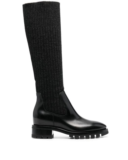 Santoni Leather Ribbed-knit Panel Boots in Black | Lyst