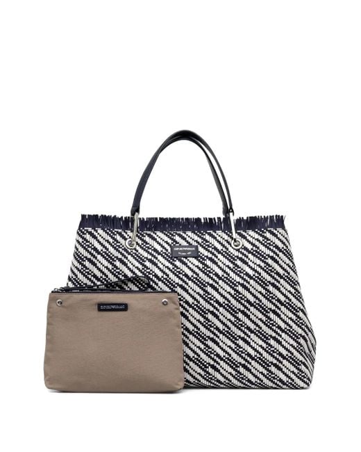 Emporio Armani White Fringed Woven Tote Bag