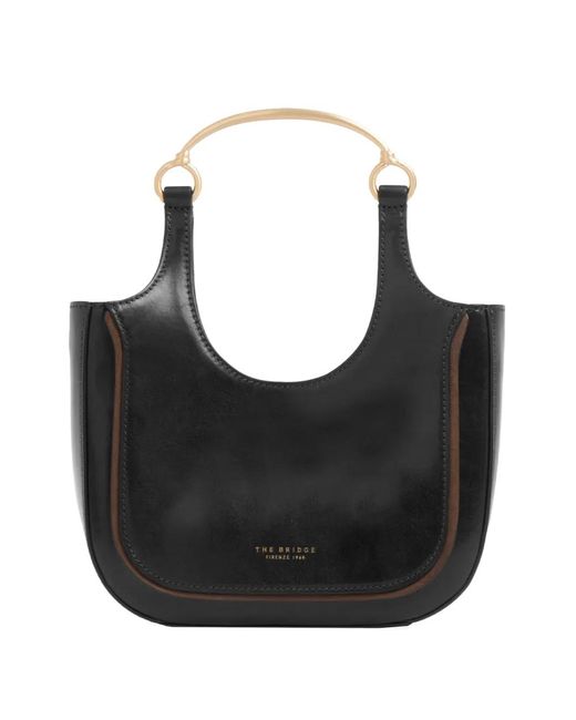 The Bridge Black Luce Metal-Handle Leather Tote Bag