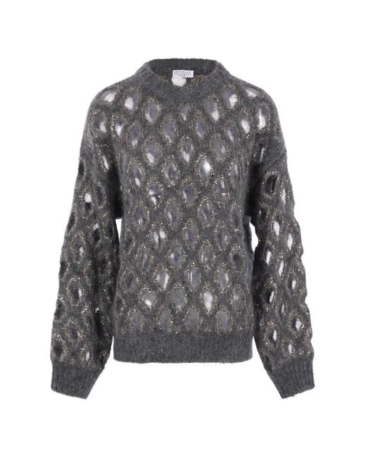 Brunello Cucinelli Gray Sequin-Embellished Open-Knit Sweater