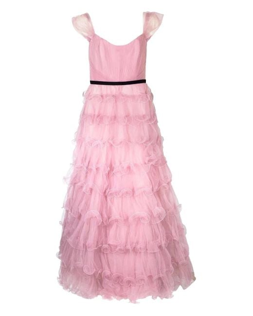 Marchesa Pink Off-Shoulder Ruffled Gown