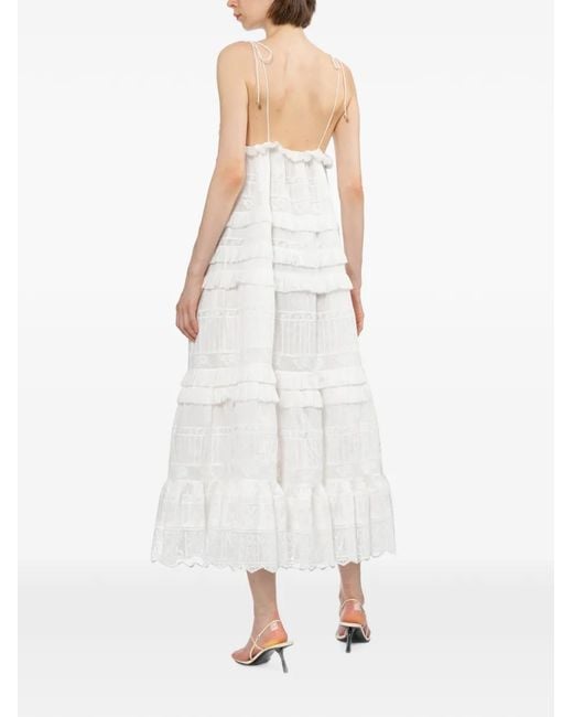 Zimmermann White Robe Volantée À Bords En Dentelle