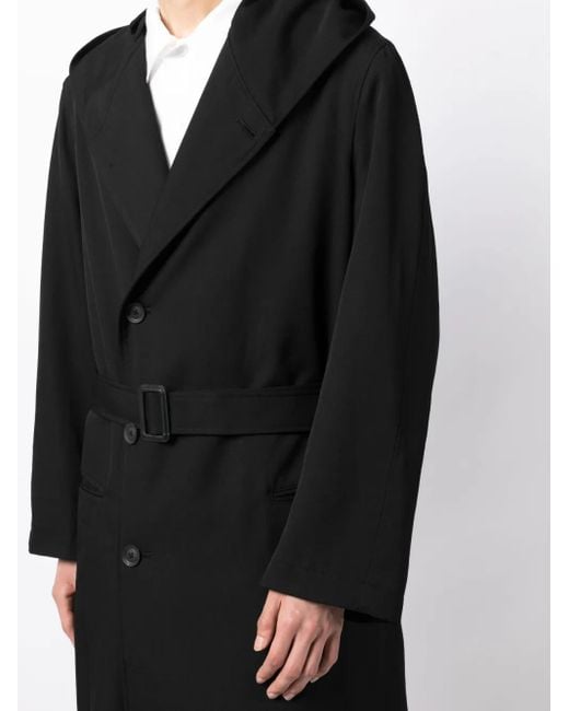 Yohji Yamamoto Black Belted Hooded Wool Trench Coat for men