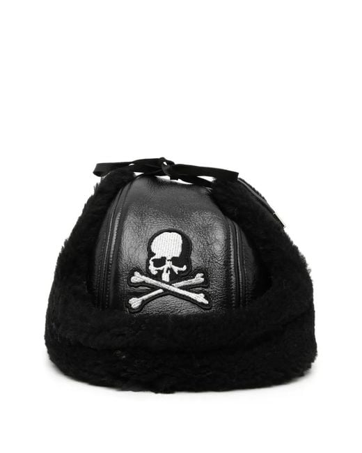MASTERMIND WORLD Black Chapeau En Cuir À Finitions En Peau Lainée for men