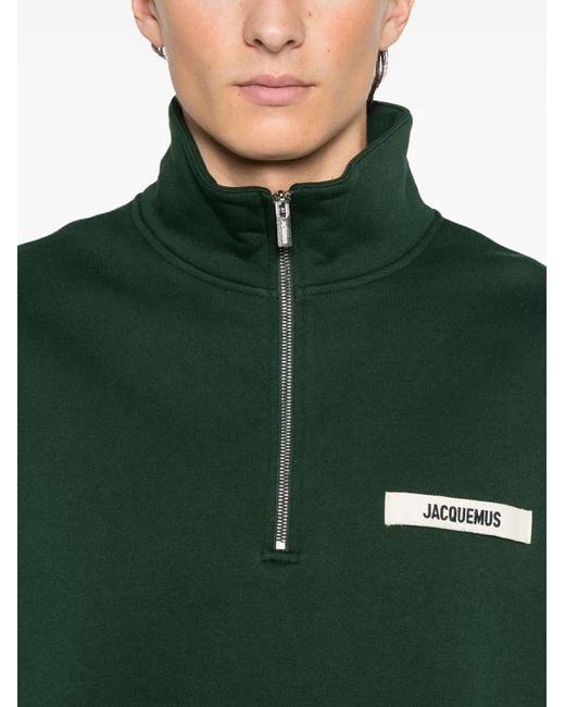 Jacquemus Green Grosgrain Patch Logo Half Zip Sweatshirt for men