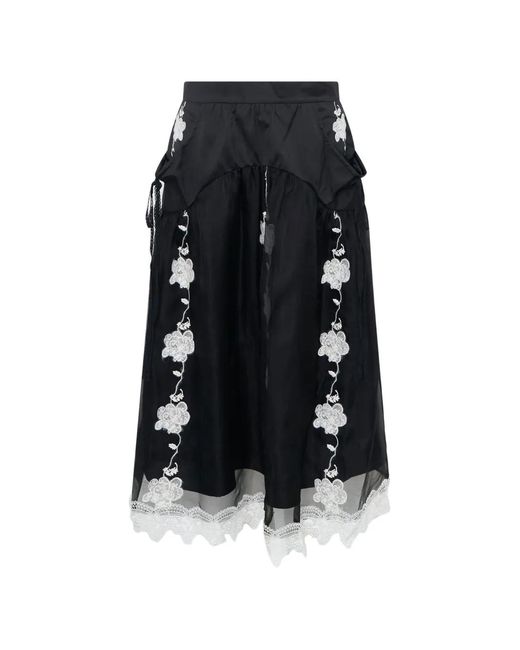 Renli Su Black Layered Lace-Trim Midi Skirt