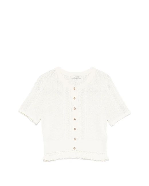 Sandro White Cardigan En Maille Pointelle À Volants