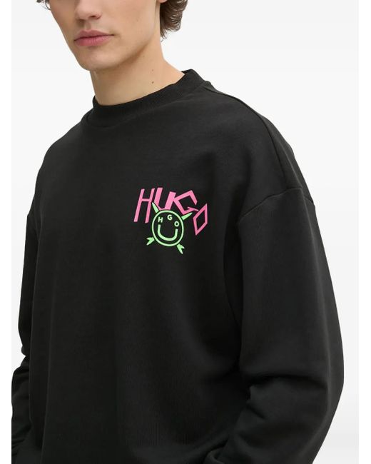 HUGO Black Happy-Logo Cotton Sweatshirt for men