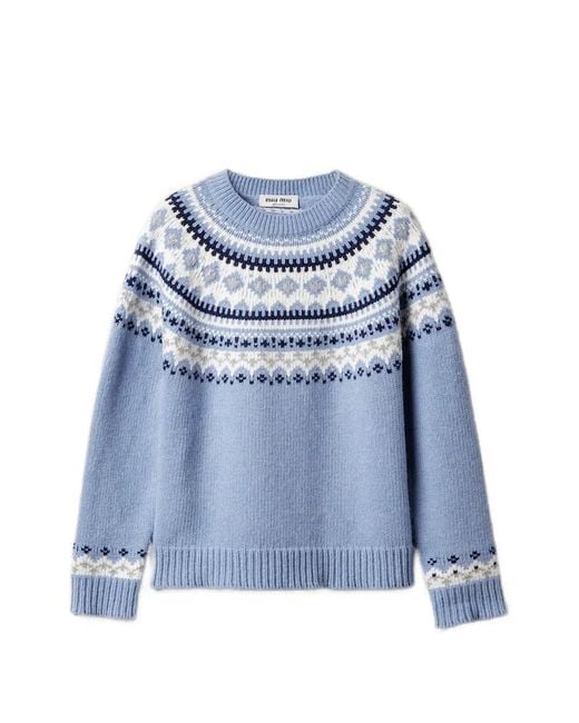 Miu Miu Blue Fair-Isle Patterned Wool Sweater