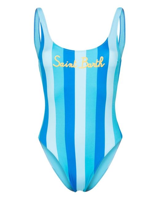 Mc2 Saint Barth Blue Logo-embroidered Striped Swimsuit