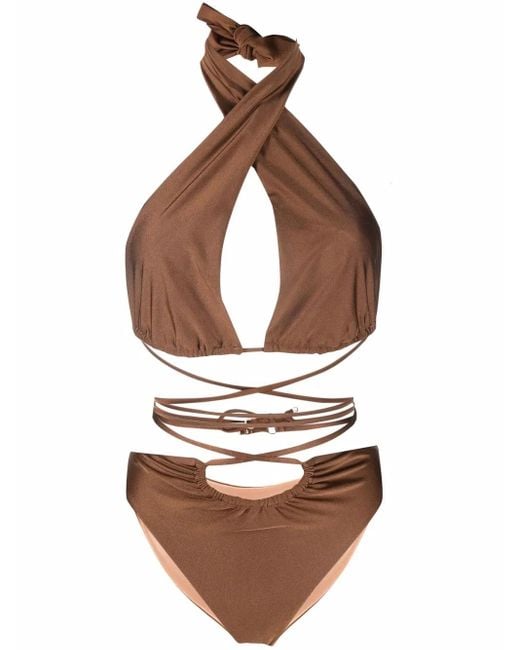 Noire Swimwear Brown Lattice-Strap Halterneck Swimsuit