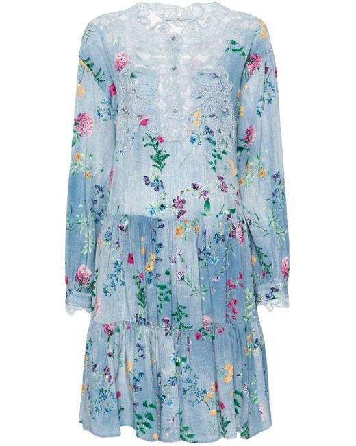 Ermanno Scervino Blue Floral-print Silk Mini Dress