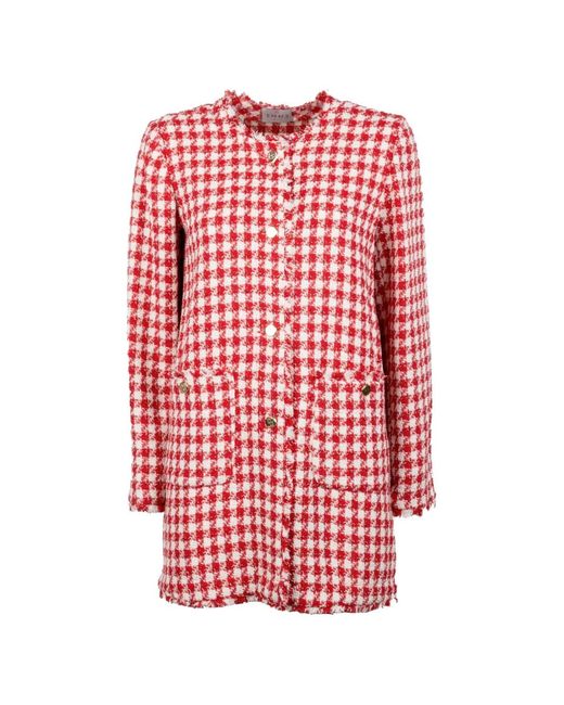 Marella Red Emme Check-Pattern Fringed-Edges Jacket