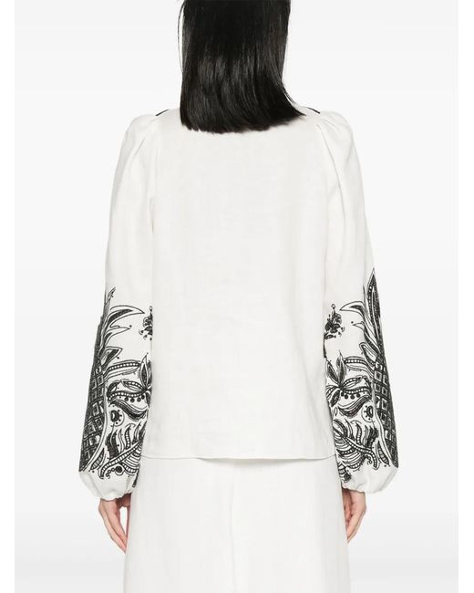 Dorothee Schumacher White Pineapple Embroidery Lace-Up Linen Blouse
