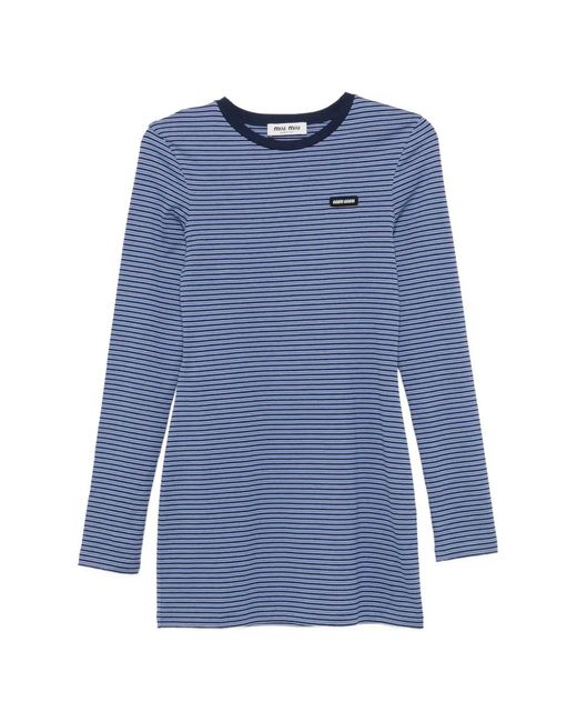 Miu Miu Blue Striped-Pattern Logo-Patch Mini Dress