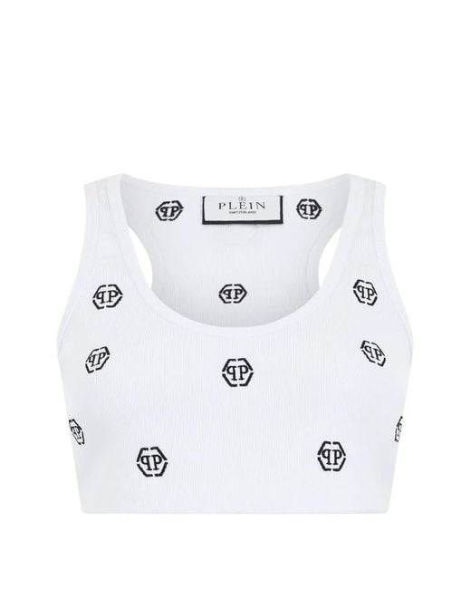 Philipp Plein White Monogram Ribbed Top