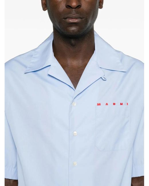 Marni Blue Logo-Print Camp-Collar Shirt for men