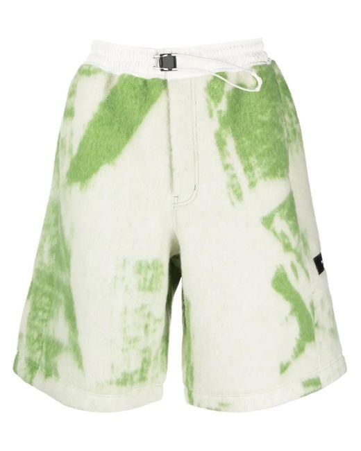 Y-3 Green Brush-Stroke Print Fleece Shorts for men
