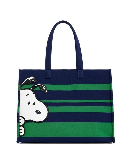 Essentiel Antwerp Green Peanuts Striped Graphics Tote Bag