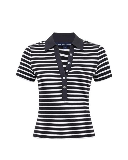 Veronica Beard Blue Button-Fastening Striped-Pattern T-Shirt