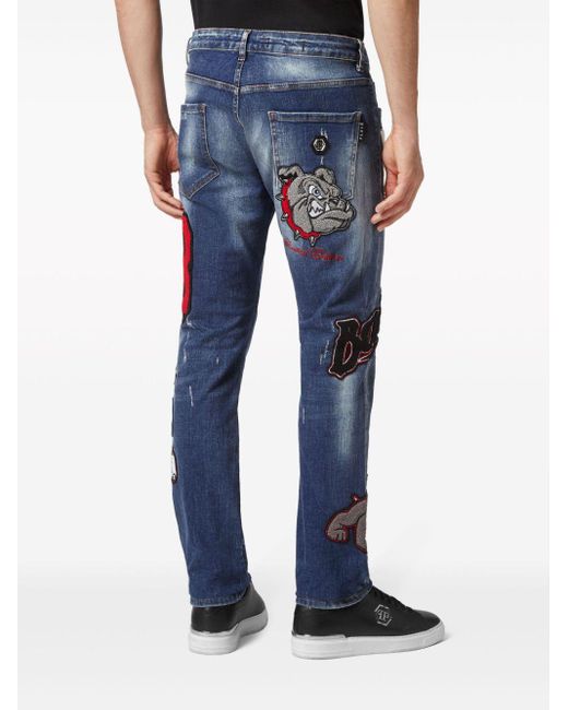Philipp Plein Blue Embroidered Logo-patch Slim-leg Jeans for men