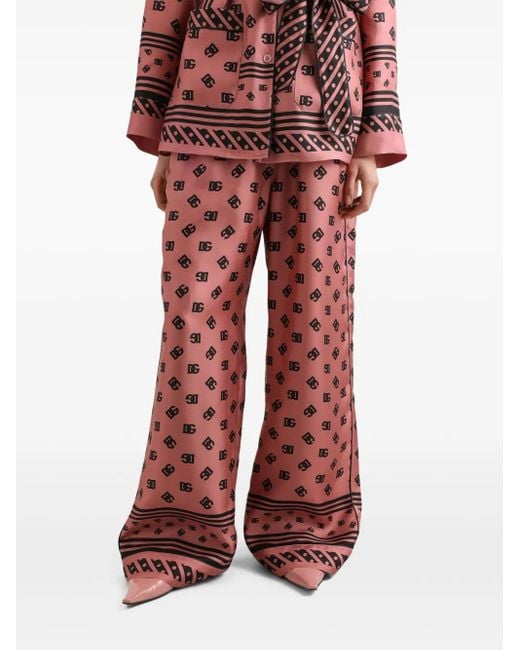 Dolce & Gabbana Red Silk Logo Print Wide-Leg Trousers