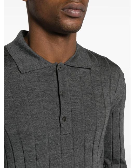 Corneliani Gray Ribbed Virgin Wool Polo Shirt for men