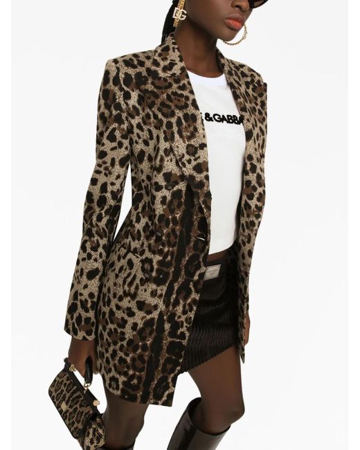 Dolce & Gabbana Black Double-Breasted Wool Turlington Jacket With Jacquard Leopard Design