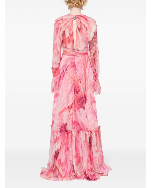 Vestido largo con estampado Plumage Roberto Cavalli de color Pink