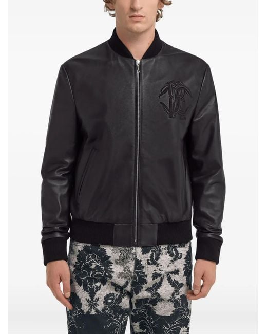 Roberto Cavalli Black Embossed Leather Jacket for men
