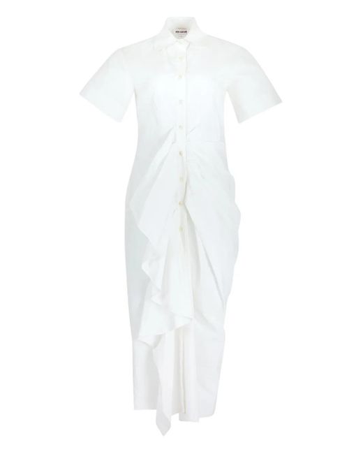 Rosie Assoulin White Gathered Ruffled Shirt Midi Day Dress