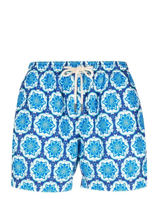 Peninsula Blue Geometric-Print Swim Shorts for men