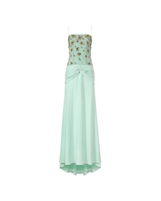 Costarellos Green Nissa Knot-Detail Embroidered Tulle Gown
