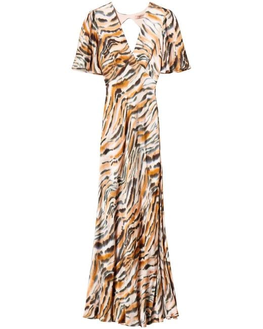 Twinset Metallic Tiger-Print Satin Maxi Dress