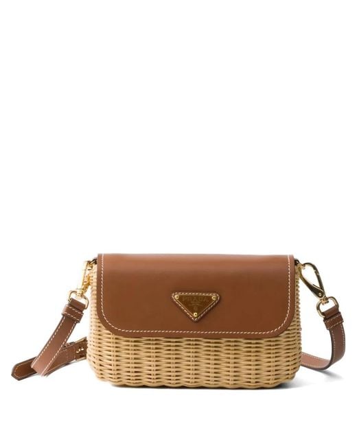 Prada Brown Small Wicker And Leather Shoulder Bag