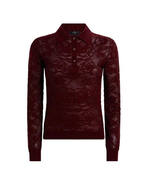 Etro Red Long-Sleeved Wool Jacquard Polo Shirt With Placed Motif