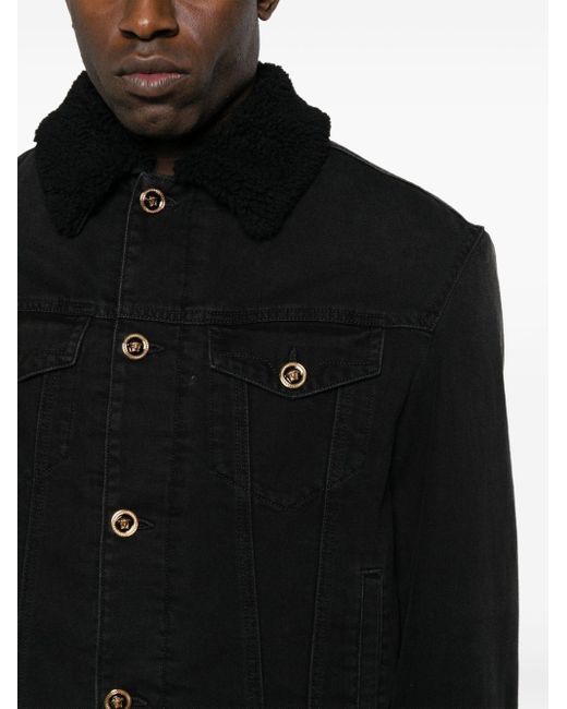 Versace Black Shearling-collar Denim Jacket for men