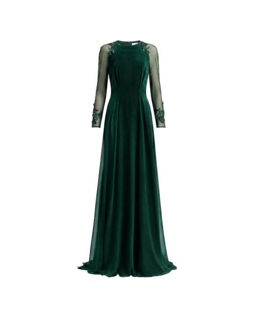 Gemy Maalouf Green Beaded-Sleeve Cape-Back Dress