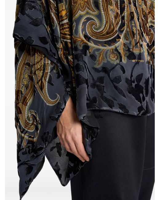Etro Black Burnout Velvet Poncho Top With Placed Paisley Print