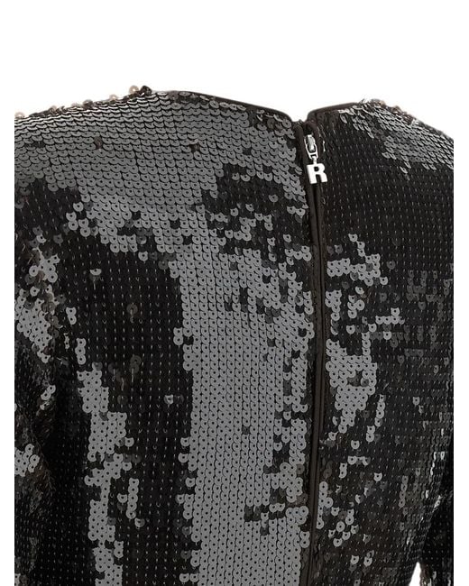 ROTATE BIRGER CHRISTENSEN Black Rotating Sequined Mini Dress With Long Sleeves And Shoulder Floral Detail
